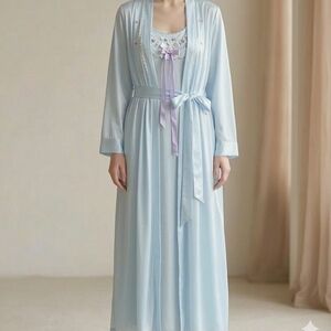 Vintage Barbizon Cuddleskin Blue Satin Peignoir Set Maxi Gown & Robe Medium